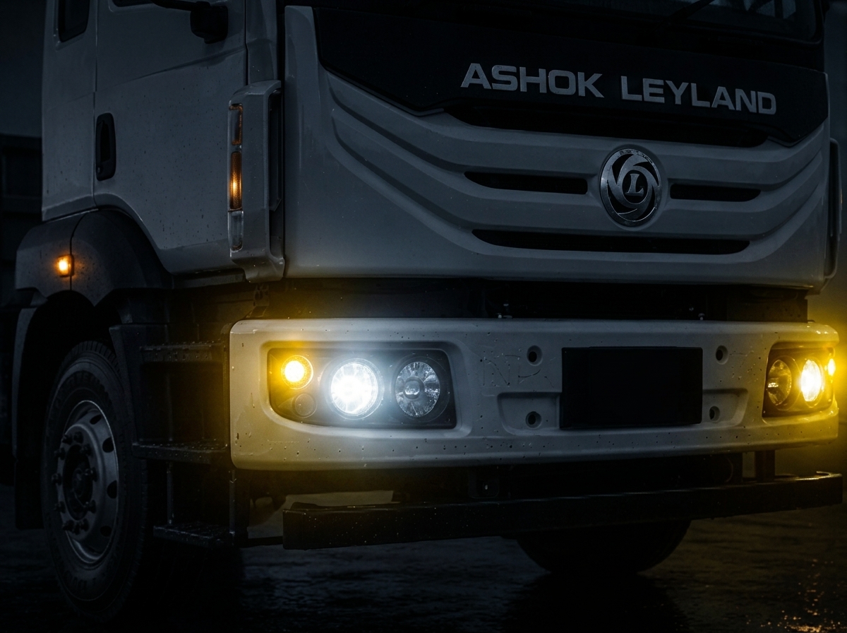 Truck with glowing headlights close up